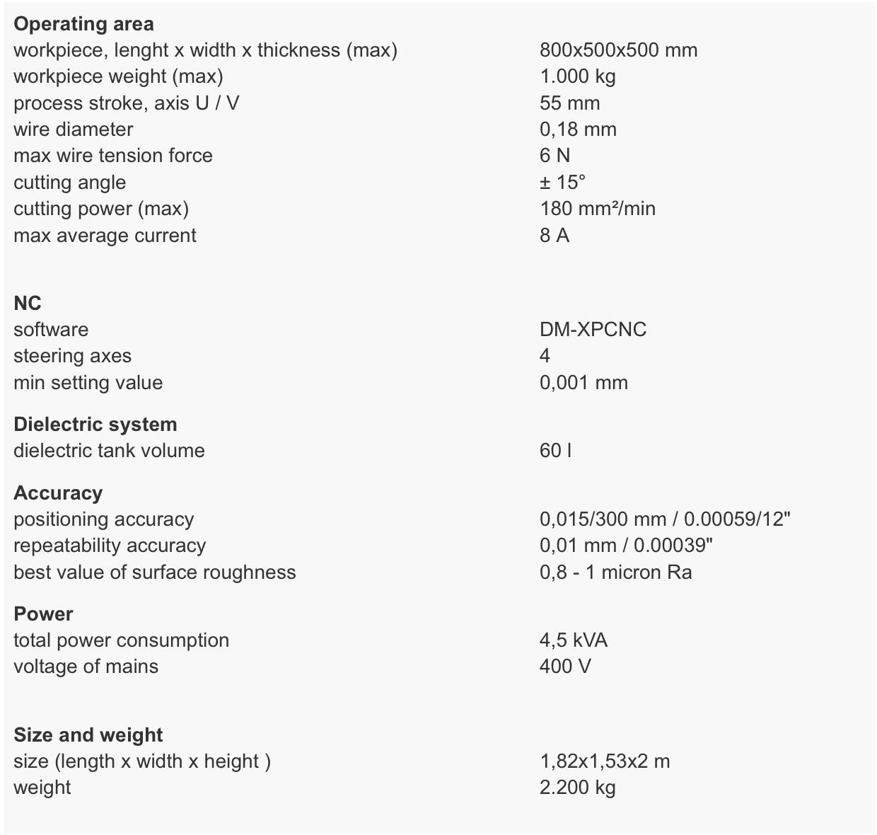 Specifications of Wire erosion NC machine KNUTH DEM 500 A